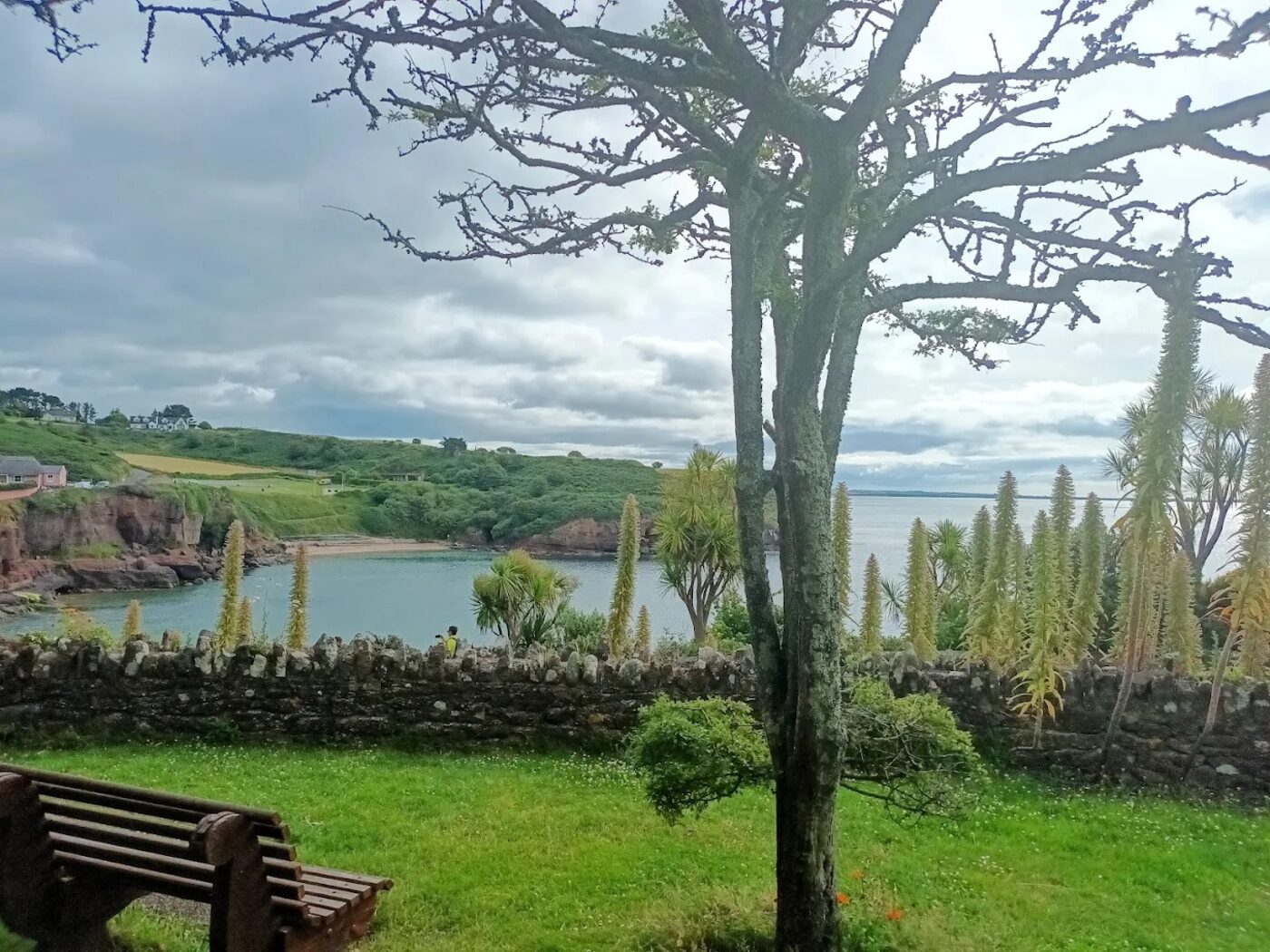A bench beside a stone wall in the park, looking out over Dunmore East bay