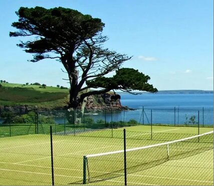 Tennis courts in Dunmore East Park beside the sea, sheltered by a mature pine tree